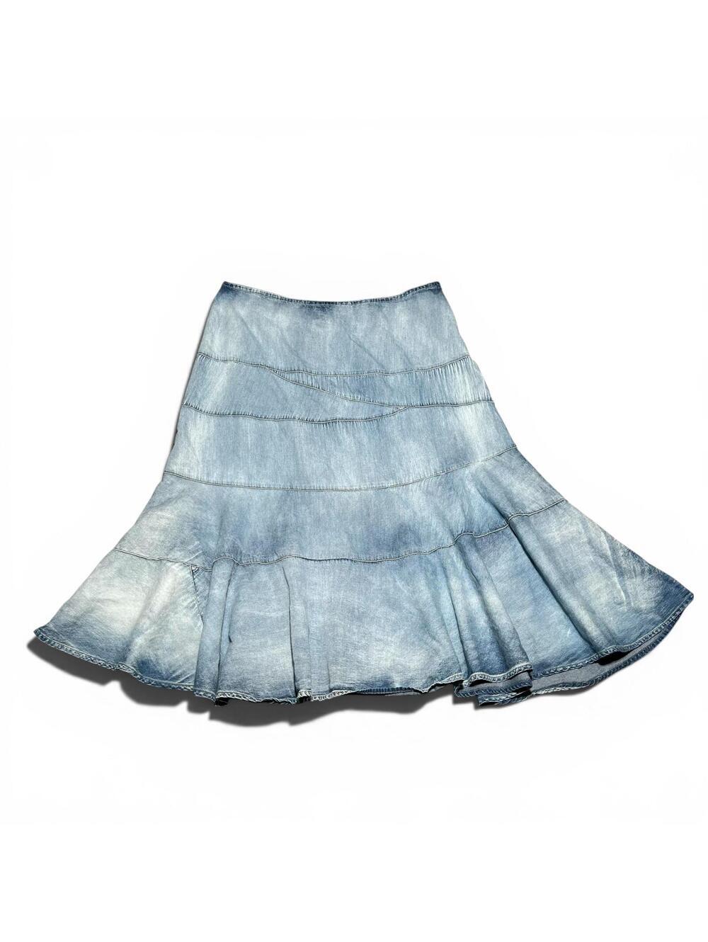 Vintage Y2K Fashion Bug Flared Denim Midi Skirt Sandblast Wash 14